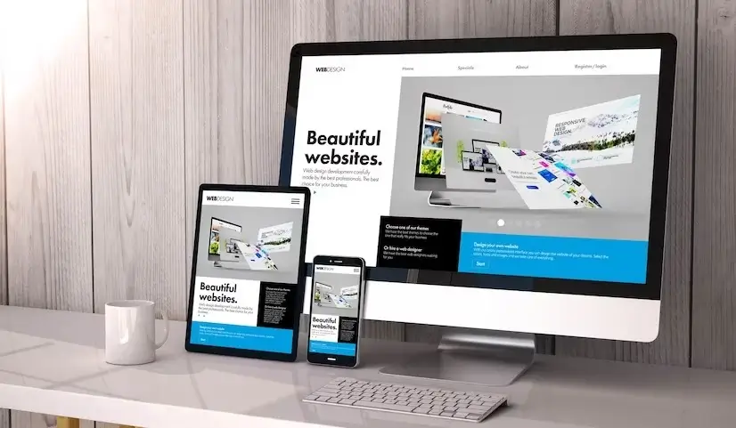 digital generated devices on desktop, responsive cool website builder design on screen